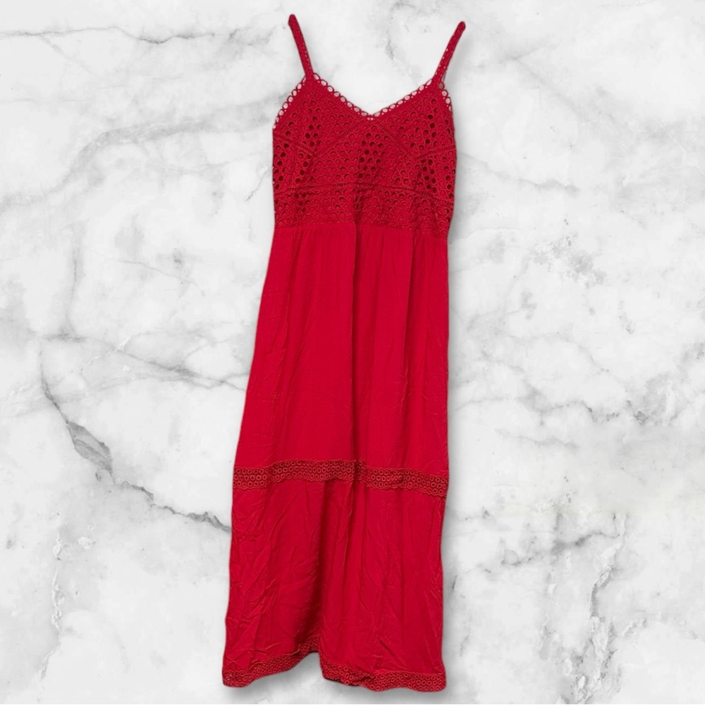 Solitaire Vibrant Red maxi Dress with crochet detail size medium spaghetti strap
